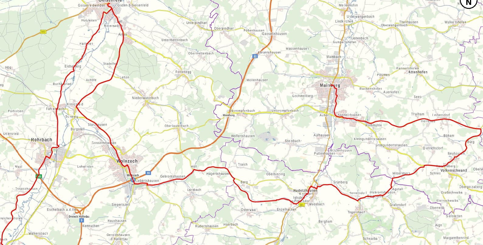 a map of the hallertau with the route of the tour marked